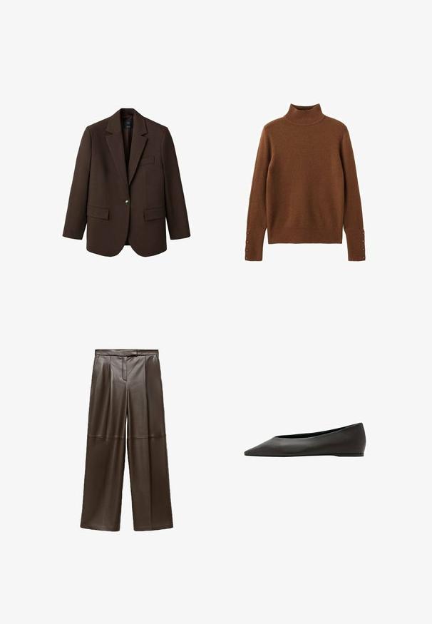 Brun blazer med klapkrave, enkelt knaplukning, to frontlommer og en brystlomme. Fremstillet i glat stof med en skræddersyet design.; Brun rullekrave-trøje i blødt materiale med ribstrikkede manchetter prydet med knapper og en figursyet pasform. Glat tekstur over det hele.; Brune læder brede bukser med en glat tekstur, der har folder foran og et klassisk taljebånddesign.; Sort flad sko med spidst tåparti, lav hæl og glat læderoverdel, vist i profil på hvid baggrund.