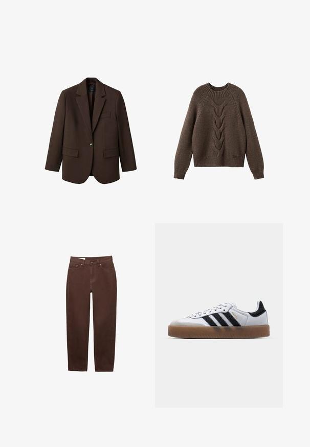 Brun blazer med klapkrave, enkelt knaplukning, to frontlommer og en brystlomme. Fremstillet i glat stof med en skræddersyet design.; Brun strikket sweater med rund halsudskæring, lange ærmer og et kabelstrikdesign, der løber ned langs fronten. Ribbet kant og manchetter.; Brune jeans med lige ben, frontknap, lynlåslukning og femlomme-design på hvid baggrund.; Hvide lædersneakers med sorte striber, gummirubber sål, rund tå, snørelukning og blød grå ruskinds tåhætte.
