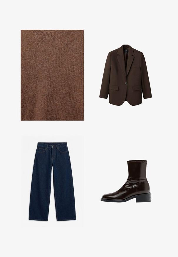 Brun blazer med klapkrave, enkelt knaplukning, to frontlommer og en brystlomme. Fremstillet i glat stof med en skræddersyet design.; Brun strikket uldtrøje med ribstrikket rund halsudskæring og blødt tekstureret stof.; Mørkeblå vidde denimjeans med frontknap og lynlås, bæltestropper og femlomme-stil, lagt fladt på en hvid baggrund.; Mørkebrun læderankelstøvle med firkantet tå, lav blokhæle og stikning langs øverste kant, vist i sideprofil.