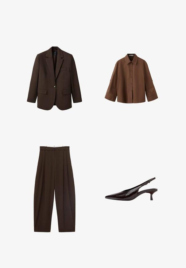 Brun blazer med klapkrave, enkelt knaplukning, to frontlommer og en brystlomme. Fremstillet i glat stof med en skræddersyet design.; Brun skjorte med knapper, lange vide ærmer og en brystlomme, med klassisk krave og afslappet pasform.; Brune højtaljede bukser med folder, lavet af glat stof. Løs pasform, straight leg design, med bæltestropper og lynlås.; Mørkebrun læderslingback med spids snude, lav kittenhæl og justerbar spænde.