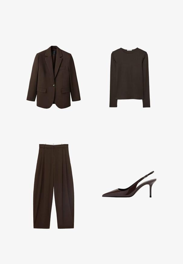 Brun blazer med klapkrave, enkelt knaplukning, to frontlommer og en brystlomme. Fremstillet i glat stof med en skræddersyet design.; Langærmet, mørkebrun bluse lavet af blødt stof. Har en rund halsudskæring og en lige kant uden synlige mønstre eller detaljer.; Brune højtaljede bukser med folder, lavet af glat stof. Løs pasform, straight leg design, med bæltestropper og lynlås.; Brune patenteret læder slingback hæle med spids tå, slank hæl og justerbar spænde-rem. Glat tekstur og skinnende finish.
