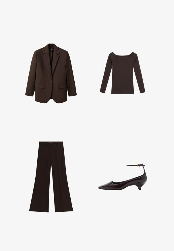 Brun blazer med klapkrave, enkelt knaplukning, to frontlommer og en brystlomme. Fremstillet i glat stof med en skræddersyet design.; Mørkebrun langærmet top med bred firkantet halsudskæring og tætsiddende pasform, lagt fladt på en hvid baggrund.; Sorte højtaljede bukser med brede ben, bæltestropper og sidelommer, lagt fladt på en hvid baggrund.; Mørkebrune spidse læder kitten heel sko med en tynd ankelrem og en lille guldbeslag.