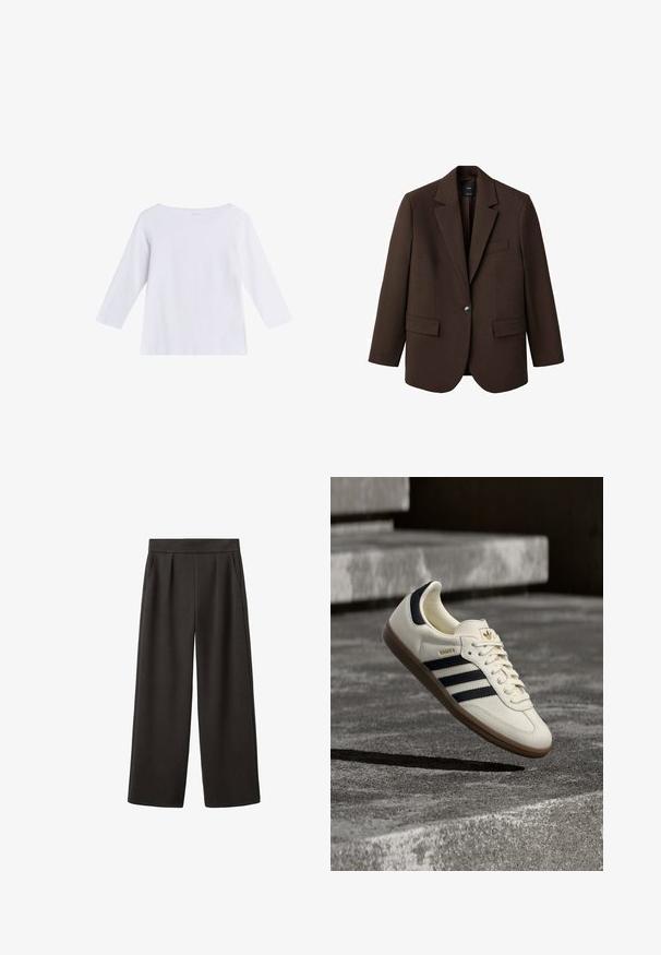 Brun blazer med klapkrave, enkelt knaplukning, to frontlommer og en brystlomme. Fremstillet i glat stof med en skræddersyet design.; Hvid langærmet skjorte med bådudskæring, lavet af blødt stof, vist på en ensfarvet hvid baggrund.; Vidbenede sorte bukser med glat tekstur, foldet front og to sidelommer, med en tætsiddende talje.; Hvid Adidas Samba sneaker med sorte striber og gummsål, svævende over teksturerede grå betonstrin.