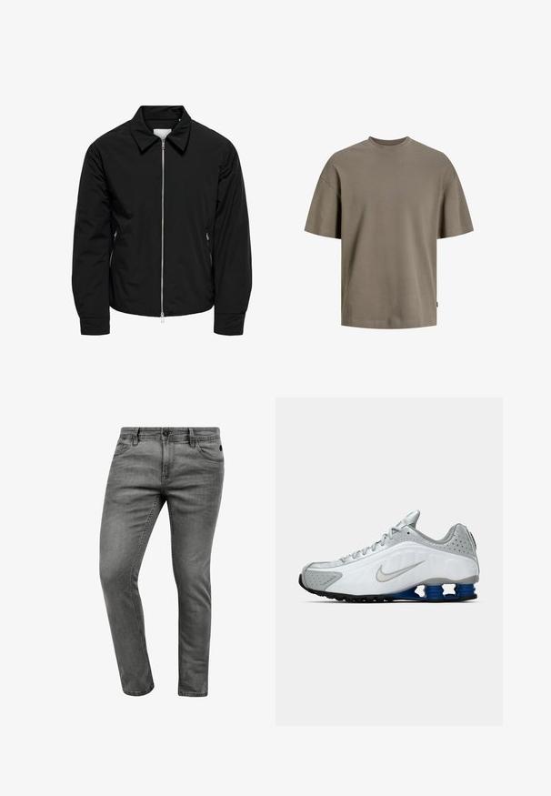Sort jakke med lynlås, krave og sidelommer med lynlås, lange ærmer og en glat, let polstret stofstruktur.; Blandingst-shirt i dæmpet olivengrøn; med rund halsudskæring, korte ærmer og en afslappet pasform med minimal syning.; Grå denim jeans med slim fit, der har fem lommer, en knaplukning og diskrete syninger. Blød tekstur og enkelt design.; Hvide og grå Nike løbesko med sølv swoosh, blå fjederlignende såleelementer og sort slidbane på en ensfarvet baggrund.