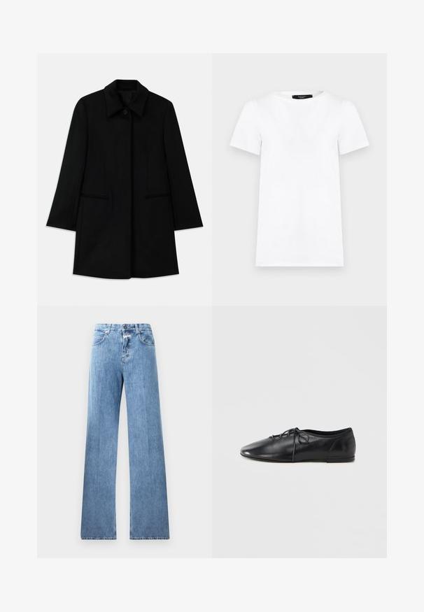 Manteau en laine noir avec une fermeture à boutons à l'avant, un large col et deux poches latérales. Présente une coupe droite et une texture lisse.; T-shirt blanc uni à manches courtes, col rond, coupe droite avec une petite étiquette noire à l'intérieur du col.; Jeans en denim bleu clair avec une coupe large, cinq poches, passants de ceinture et fermeture à bouton. Le tissu a une texture lisse.; Chaussure plate en cuir noir avec un bout pointu, dotée d'un laçage à l'avant et d'une texture douce. Design discret, détails matériels minimaux.