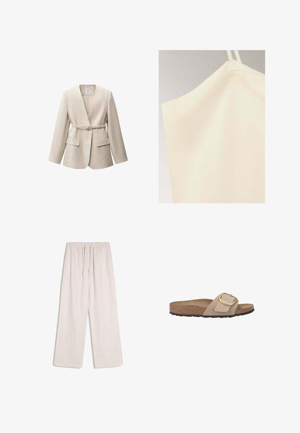 Blazer en lin beige à manches longues, design enveloppant, fermeture à un bouton et deux poches avant. Texture lisse et style minimaliste.; Haut sans manches couleur crème avec fines bretelles et texture de tissu lisse sur un fond neutre.; Pantalon large en lin beige avec taille élastique et cordon de serrage, doté de poches latérales, conçu pour un usage décontracté.; Sandale à glisser beige avec une semelle en liège, une semelle en caoutchouc texturé et un grand accent de boucle dorée sur une bride lisse.