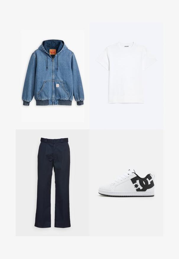 Blå denim hoodiejakke med lynlåslukning, frontlommer, ribbede manchetter og kant, samt en quiltet inderside. Levi's mærket synligt indeni.; Enkelt hvid t-shirt med korte ærmer og rund halsudskæring med et "WEEKDAY" mærke på indersiden af nakken, vist på en lys baggrund.; Mørkeblå bukser med lige ben-design, lavet af et glat stof, med en standard talje og uden synlige mønstre eller hardware.; Hvide atletiske sko med en glat syntetisk overdel, der har sorte logo-detaljer og en gummisål. Snørebåndsdesign, med afrundet tåform.