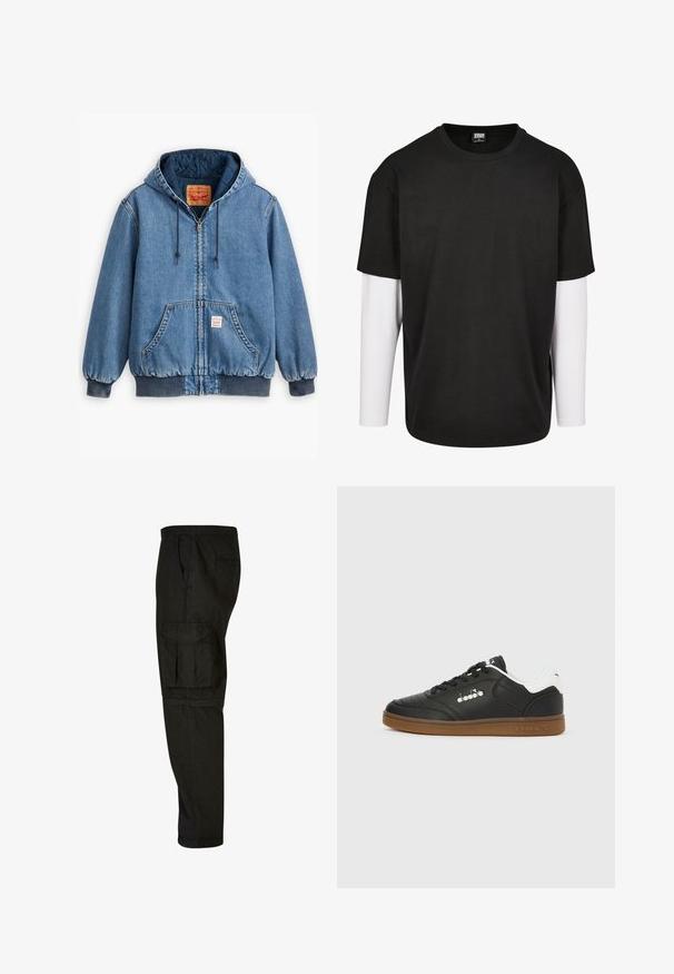 Chaqueta de mezclilla azul con capucha, cierre de cremallera, bolsillos frontales, puños y dobladillo de punto, y forro interior acolchado. Etiqueta de Levi's visible en el interior.; Camiseta negra de manga corta con una capa de manga larga blanca debajo. Hecha de algodón, con un cuello redondo y un corte relajado.; Pantalones cargo negros con un corte relajado, cintura elástica, bolsillos laterales y un gran bolsillo cargo en el muslo. Tejido suave y ligero.; Zapatilla negra de cuero con lengüeta en el talón blanca, suela de goma, cordones negros y logo plateado de Diadora en el lateral y la suela.