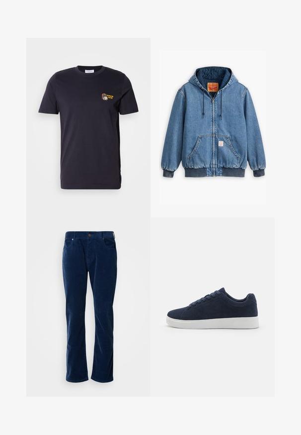 Blå denim hoodiejakke med lynlåslukning, frontlommer, ribbede manchetter og kant, samt en quiltet inderside. Levi's mærket synligt indeni.; Mørkeblå bomuld t-shirt med korte ærmer og rund hals. Indeholder et lille broderet design med tekst på venstre brystområde.; Scotch & Soda THE ZEE STRAIGHT - Bukser - insignia blue; Mørkeblå ruskinds sneakers med rund tå, hvid gummisål og seks snørehuller. Glat tekstur og minimalistisk design. Vist fra siden.