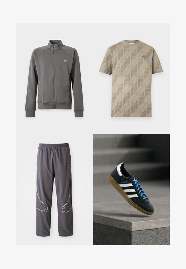 Donkergrijze jas met ritssluiting, hoge kraag en Adidas-logo op de linkerborst, lange mouwen en zijzakken op een witte achtergrond.; Beige T-shirt met korte mouwen met diagonale strepen en herhaald klaverbladlogo patroon in een iets donkerdere tint.; Heren grijze sportbroeken met een elastische tailleband, ritssloten en reflecterende witte accenten aan de zijkanten. Lichtgewicht, zachte textuur.; Zwarte Adidas-sneaker met witte strepen, blauwe veters en een gumzool die boven een grijze betonnen trede zweeft in zacht licht.