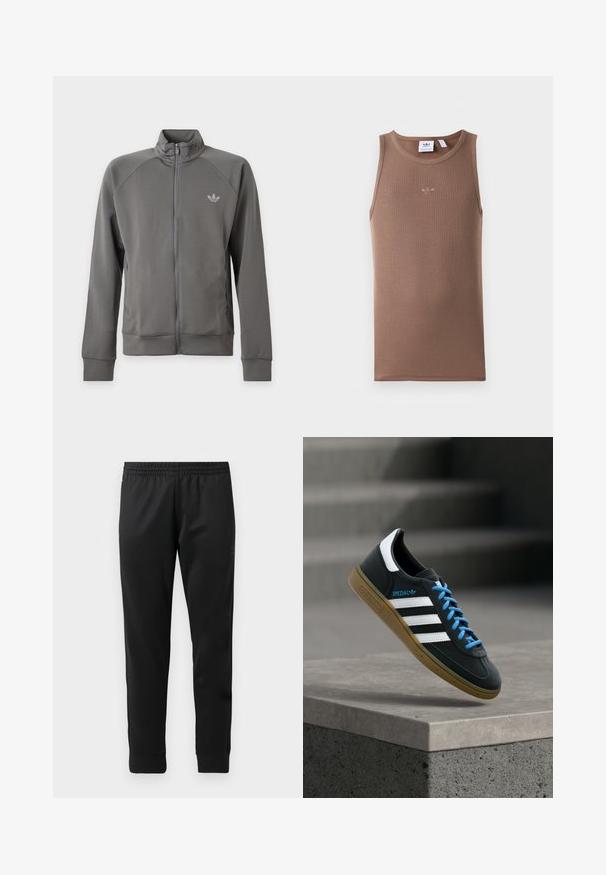 Veste zippée gris foncé avec col montant et logo Adidas sur la poitrine gauche, manches longues et poches latérales sur fond blanc.; Débardeur marron sans manches avec une texture côtelée et col rond. Présente un petit logo brodé centré sur la poitrine.; Pantalons de sport noirs en tissu lisse, dotés d'une taille élastique, de jambes fuselées et de poignets en côtes aux chevilles.; Baskets Adidas noires avec des rayures blanches, des lacets bleus et une semelle en gomme flottant au-dessus d'une marche en béton grise sous une lumière douce.