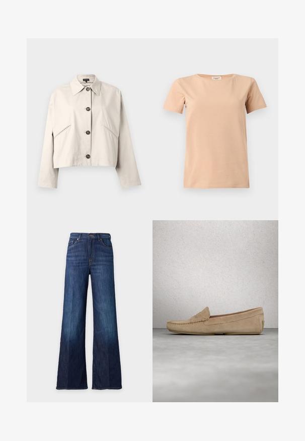 Beskåret beige jakke med spids krave, lukning foran med tre knapper og sidelommer. Fremstillet af glatt, letvægtsstof.; Beige kortærmet T-shirt med rund halsudskæring og lige kant på en ensfarvet lysegrå baggrund.; Mørkeblå wide-leg cowboybukser med forlommer og en knaplukket talje, vist mod en ensfarvet lys baggrund.; Beige ruskinds loafers med broderet tådetalje og en glat overflade. Flad hæl og afrundet form. Minimalistisk design uden udsmykninger.