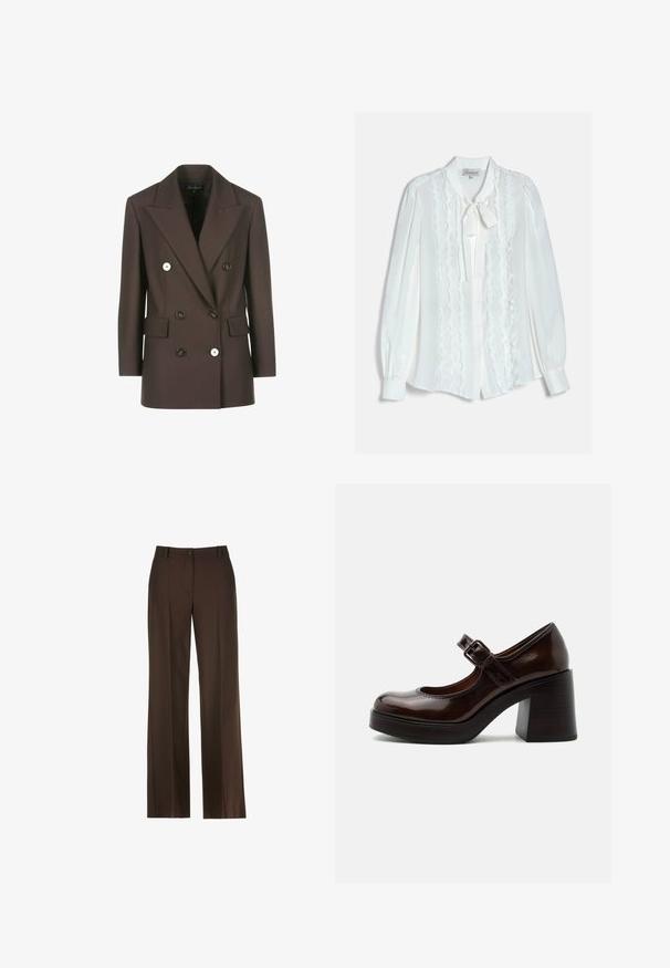 Blazer marrón de doble botonadura con hombros estructurados, dos bolsillos frontales, botones blancos en contraste y textura de tela suave.; Blusa blanca de manga larga con volantes verticales, cierre de botones en la parte delantera, mangas con puños y un lazo atado en el cuello.; Pantalones de pierna ancha marrones con una textura suave, que cuentan con un cierre de botón en la parte delantera, lazos para cinturón y detalles de pliegues en la parte frontal.; Zapato Mary Jane de charol marrón oscuro con tacón alto grueso y correa ajustable con hebilla sobre fondo gris claro.