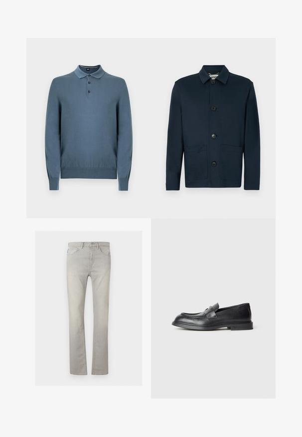 Veste boutonnée bleu marine foncé à manches longues, avec un col et trois grands boutons à l'avant, comprenant deux poches basses à l'avant.; Pull polo bleu à manches longues en tissu tricoté, avec un col classique, une patte de boutonnage à trois boutons, des poignets et un ourlet côtelés.; Jean gris clair à jambes droites avec cinq poches, fermeture par boutons et passants de ceinture, présenté sur un fond uni.; Mocassins en cuir noir avec une finition texturée, dotés d'une bride décorative à l'avant et d'un bout arrondi. Semelle en caoutchouc pour plus de durabilité.