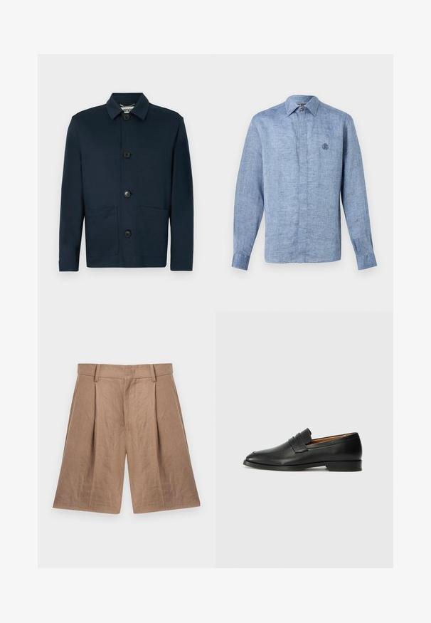 Veste boutonnée bleu marine foncé à manches longues, avec un col et trois grands boutons à l'avant, comprenant deux poches basses à l'avant.; Chemise en lin bleu clair à manches longues avec un col pointu et un logo brodé subtil sur le côté gauche de la poitrine.; Shorts beige coupés sur mesure, longueur genou, avec passants de ceinture, plis à l'avant, poches latérales et taille ajustée sur fond blanc.; Mocassin en cuir noir avec un bout arrondi, des coutures subtiles et un talon bas, présentant une texture lisse et un design minimaliste.