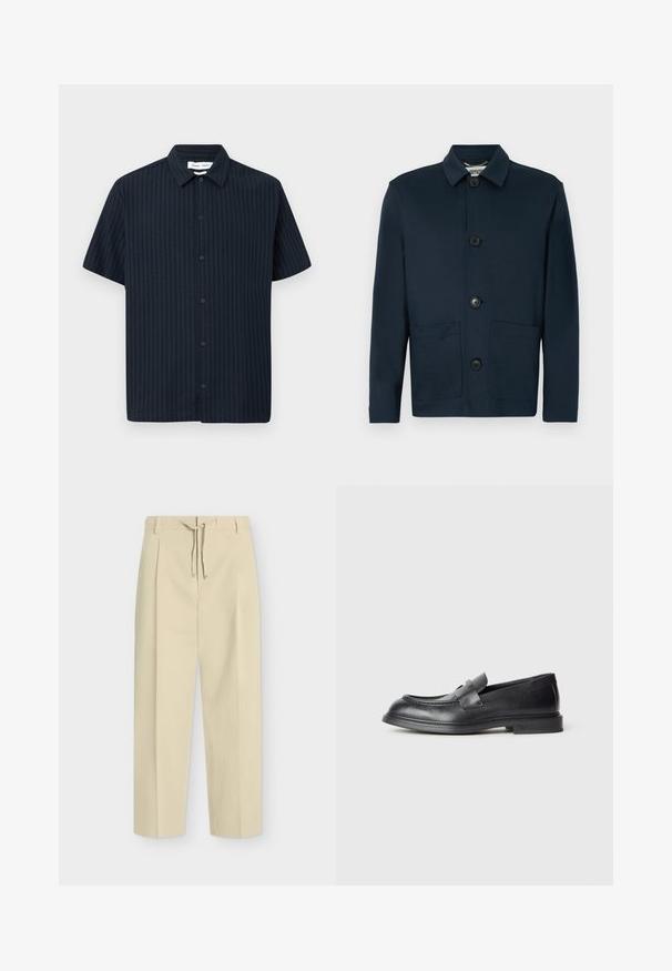 Veste boutonnée bleu marine foncé à manches longues, avec un col et trois grands boutons à l'avant, comprenant deux poches basses à l'avant.; Chemise noire à manches courtes avec boutons, rayures verticales texturées subtiles et col classique, présentée sur fond blanc uni.; Pantalon beige droit avec passants pour ceinture et nouage à l'avant, présentant un design épuré et ajusté ainsi qu'un tissu texturé.; Mocassins en cuir noir avec une finition texturée, dotés d'une bride décorative à l'avant et d'un bout arrondi. Semelle en caoutchouc pour plus de durabilité.