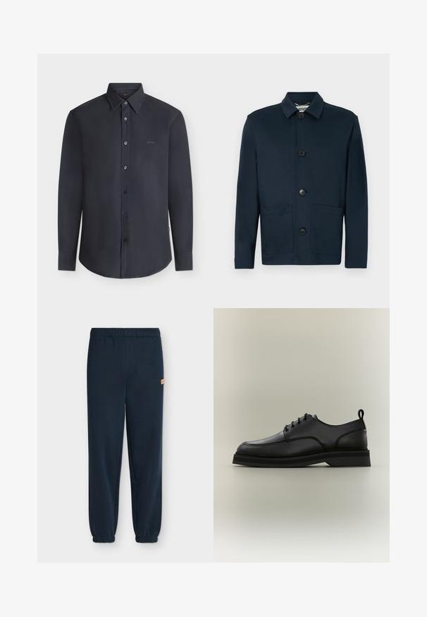 Veste boutonnée bleu marine foncé à manches longues, avec un col et trois grands boutons à l'avant, comprenant deux poches basses à l'avant.; Chemise noire à manches longues boutonnée avec col, avec le logo « BOSS » sur la poitrine, présentée sur un fond clair uni.; Pantalon de survêtement bleu marine avec taille et poignets élastiques, avec un petit patch logo beige sur la hanche droite, présenté sur un fond clair.; Chaussure habillée en cuir noir à lacets, semelle épaisse et languette de traction au talon, montrée de profil sur un fond neutre.