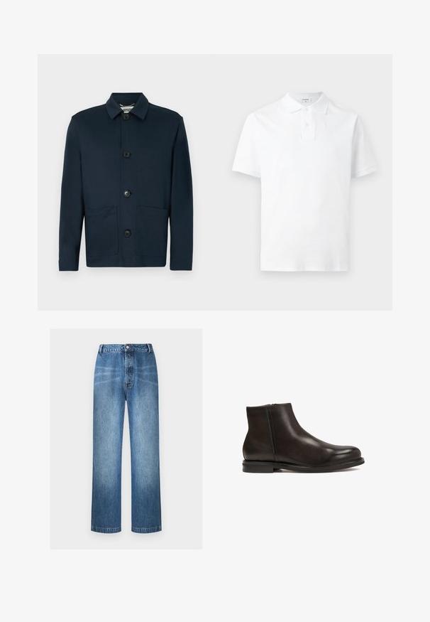 Veste boutonnée bleu marine foncé à manches longues, avec un col et trois grands boutons à l'avant, comprenant deux poches basses à l'avant.; Polo blanc à manches courtes avec col et patte à deux boutons, présenté sur un fond gris clair uni.; Jean bleu taille haute à jambes droites avec fermeture par bouton et zip, détails légèrement délavés sur les cuisses et les genoux, pas de poches visibles à l'avant.; Bottine en cuir noir avec une texture lisse, bout arrondi et un petit talon. Dispose d'une fermeture éclair sur le côté pour un enfilage facile.