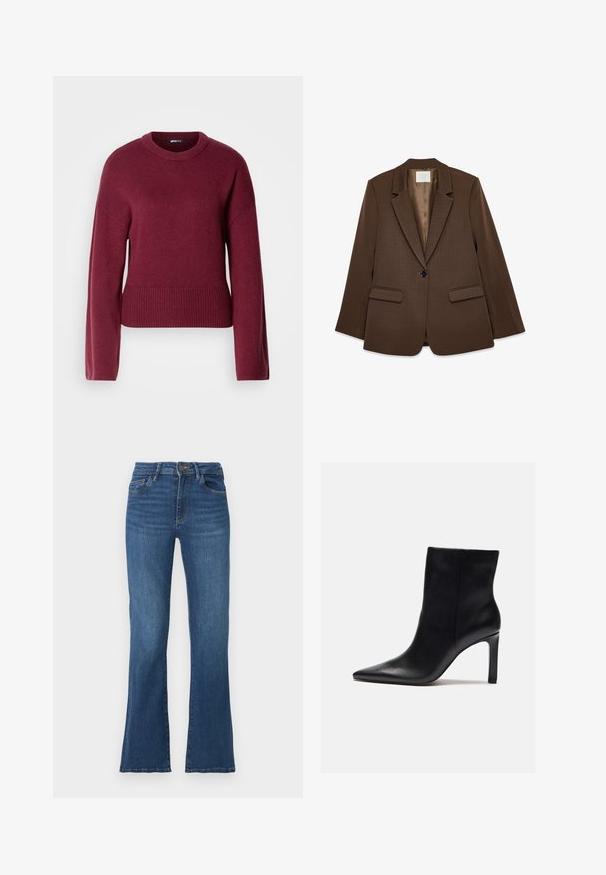 Brauner Blazer mit schmalem Revers, einem einzelnen schwarzen Knopf, zwei vorderen Taschen und einem glatten, strukturierten Stoff. Innenfutter in einer helleren Farbnuance.; Burgunderfarbener Strickpullover mit rundem Ausschnitt, langen Ärmeln und geripptem Saum. Der Stoff wirkt weich und strukturiert.; Ausgestellte blaue Denim-Jeans mit hoher Taille, fünf Taschen und kontrastierenden Nähten. Mit einem Knopf- und Reißverschlussverschluss, leicht verwaschenem Textur.; Zign High Heel Stiefelette - black