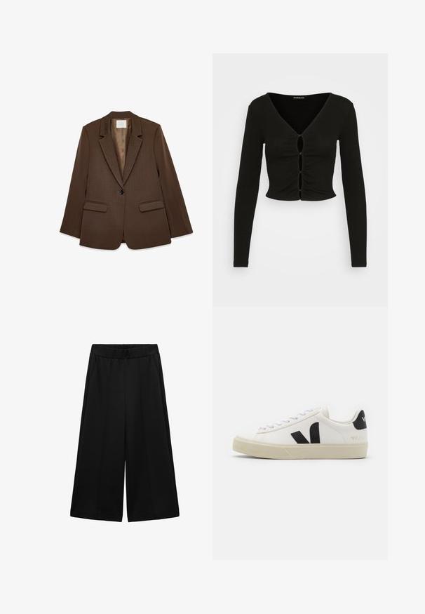 Bruine blazer met een notch lapel, enkele zwarte knoop, twee voorzakken en een gladde, gestructureerde stof. Binnenkant gevoerd in een lichter tint.; Even&Odd Longsleeve - black; Zwarte wijde broek gemaakt van gestructureerde stof, met zijzakken en een gladde tailleband, ontworpen voor een ruime pasvorm.; Witte leren sneaker met zwart rubberen V-logo. Getextureerde off-white zool, witte veters en een achterkant met een detail van de merknaam in het zwart.