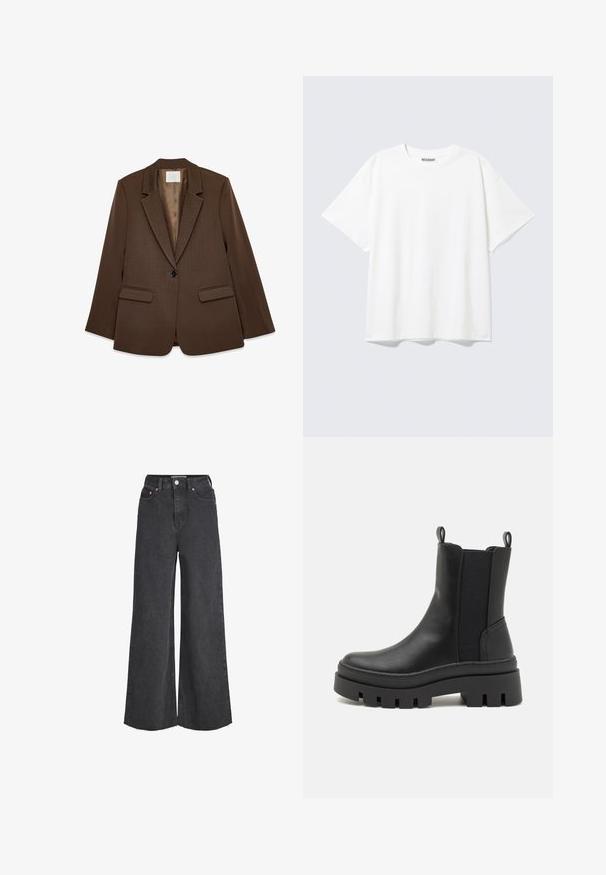 Brun blazer med en notch-lapel, enkelt sort knap, to frontlommer og et glat, tekstureret stof. Indvendig foret i en lysere tone.; Hvid T-shirt med korte ærmer og rund halsudskæring med en afslappet pasform og et "WEEKDAY" mærke på indersiden af nakken bagtil.; Sorte jeans med høj talje og vide ben, lukkes foran med knap og lynlås, forlommer og frynset kant.; Sorte læder ankelstøvler med elastiske sidepaneler, trækflapper og en tyk, robust gummisål med udskårne detaljer.