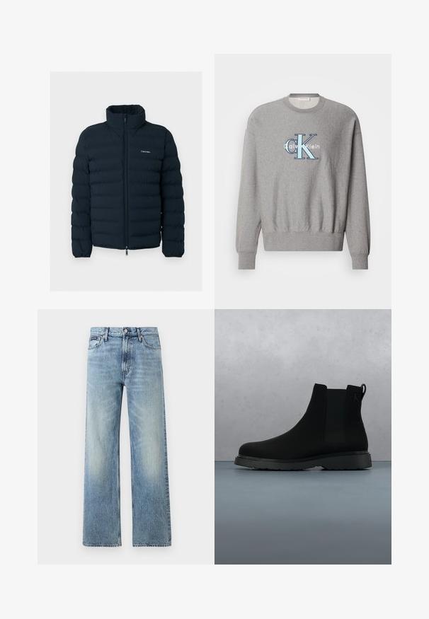 Sort polstret jakke med stående krave og lynlås foran, med et lille hvidt Calvin Klein-logo på brystet.; Grå sweatshirt med rund halsudskæring, ribbede ærmer og kant, med et blåt og hvidt "Calvin Klein" logo i centrum. Klassisk pasform.; Lyseblå denim jeans med lige ben, højt talje, fem lommer, knaplukning og diskrete falmede områder på lår og knæ.; Sort ankelstøvle lavet af glat materiale med diskrete syninger, en gummisål og et strømlinet design, placeret over en overflade med træstruktur.