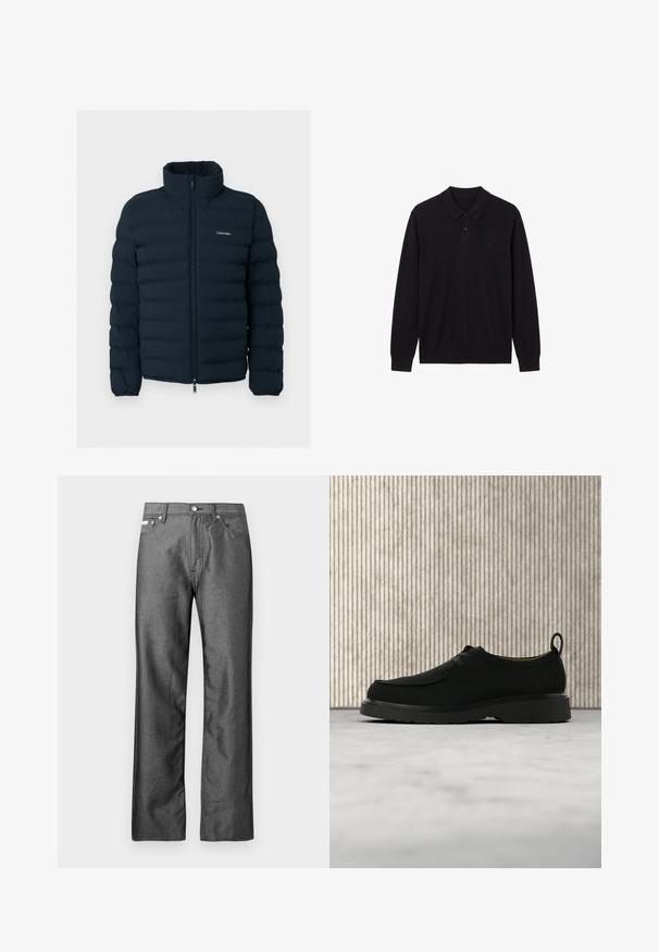 Veste matelassée noire avec col montant et fermeture éclair devant, avec un petit logo Calvin Klein blanc sur la poitrine.; Polo noir à manches longues avec deux boutons et poignets côtelés, orné d'un petit logo discret sur la poitrine gauche.; Jean en denim gris avec une coupe droite, cinq poches, et des accents en boutons métalliques et rivets. Présente une texture subtile.; Chaussure décontractée en cuir noir avec lacets, semelle épaisse et languette de tirage, suspendue en l'air au-dessus d'un tapis beige avec un meuble arrondi marron en arrière-plan.