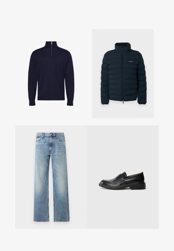 Čierna prešívaná bunda so stojacím golierom a predným zipsom, s malým bielym logom Calvin Klein na hrudi.; Tmavomodrý sveter s dlhými rukávmi, vysokým golierom a polovičným zipsom vpredu v strede, s malým vyšívaným logom na hrudi.; Svetlomodré riflové nohavice s rovnými nohavicami, vysokým pásom, piatimi vreckami, zapínaním na gombík a jemným vyblednutím na stehnách a kolenách.; Čierne kožené slip-on formálne topánky s nízkym podpätkom a diskrétnym logom Calvin Klein na boku, zobrazené v profilu na bielom pozadí.