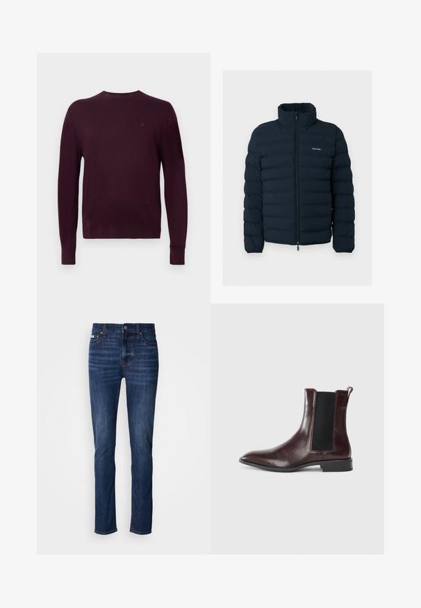 Čierna prešívaná bunda so stojacím golierom a predným zipsom, s malým bielym logom Calvin Klein na hrudi.; Dlhý rukáv bordového pulóvra s okrúhlym výstrihom, s rebrovanými manžetami a malou vyšitou nášivkou na ľavej hrudi.; Tmavomodré rifle z denimu so strihom na priamy strih, s piatimi vreckami, zapínaním na gombíky a viditeľným prešitím pozdĺž švov.; Hnedé kožené Chelsea čižmy s elastickými bočnými panelmi, špicatou špičkou a hladkou textúrou. Čierny základ a jemné prešívanie.