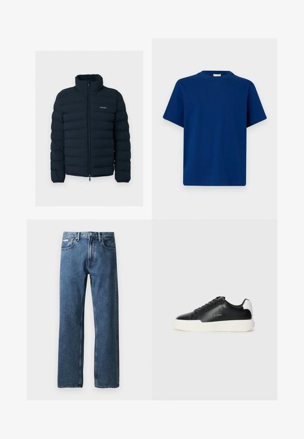 Čierna prešívaná bunda so stojacím golierom a predným zipsom, s malým bielym logom Calvin Klein na hrudi.; Jednofarebné modré tričko s krátkym rukávom a okrúhlym výstrihom, s jemným malým logom uprostred hrudníka na jednoduchom pozadí.; Modré džíny s rovnými nohavicami a vysokým pásom, so zapínaním na gombík a zips, prednými vreckami a malou bielou značkovou nálepkou na pravom vrecku.; Čierne kožené tenisky s bielou gumovou podrážkou. Vybavené okrúlym špičkou, dizajnom na šnurovanie a detailom loga na boku. Zadný akcent v bielej farbe.