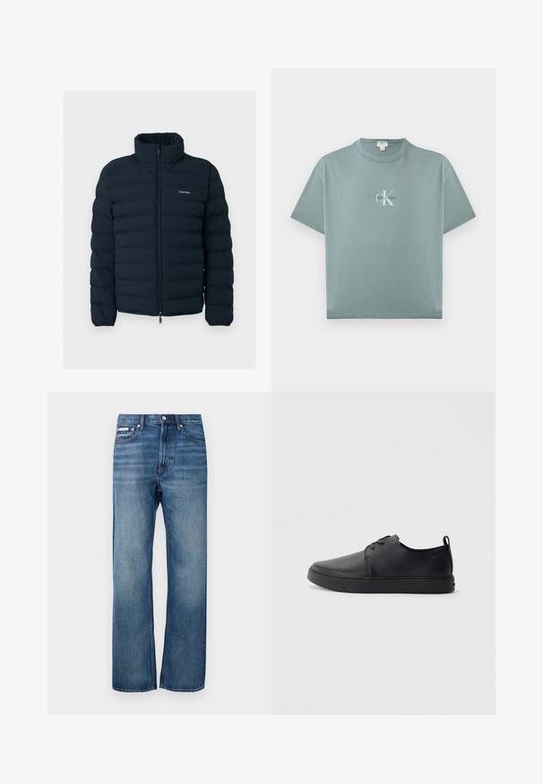 Sort polstret jakke med stående krave og lynlås foran, med et lille hvidt Calvin Klein-logo på brystet.; Lyseblågrøn kortærmet T-shirt med rund hals og centreret Calvin Klein-logo i hvid og sort tekst på forsiden.; Blå lige ben denim jeans med let bleget effekt, frontlukning med knap og et lille logo mærke på den højre forlommer.; Sorte lædersneakers med en glat finish, rund tå, tonalt syning, snøring foran og en flad gummisål. Løkke ved hælen.
