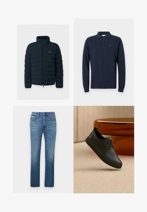 Sort polstret jakke med stående krave og lynlås foran, med et lille hvidt Calvin Klein-logo på brystet.; Marineblå langærmet polo skjorte med krave, to-knaps placket og et lille rødt CK-logo på venstre bryst. 100% bomuldsstof.; Lyseblå denimjeans med et lige snit, fem lommer og en falmet finish, med et mærke på linningen.; Sort lædersneaker til hverdag med snørebånd, svævende over beige tæppe med et rundt bord af ravfarvet glas i baggrunden.