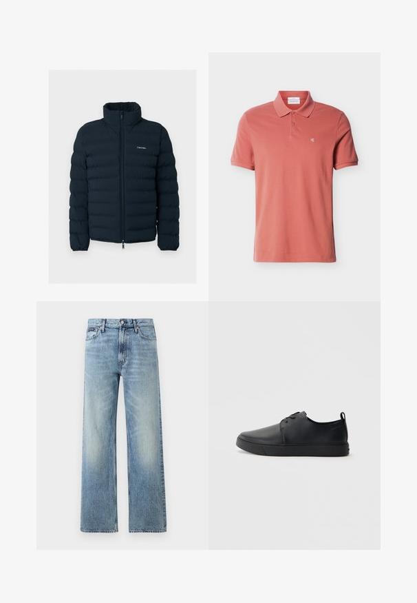 Black padded jacket with a stand-up collar and front zipper, featuring a small white Calvin Klein logo on the chest.; Men's short-sleeve dusty rose polo shirt with two buttons and small white "cK" logo on the left chest.; Light blue straight-leg denim jeans with a high waist, five pockets, button closure, and subtle fading on the thighs and knees.; Black leather sneaker with a smooth finish, rounded toe, tonal stitching, lace-up front, and a flat rubber sole. Loop at the heel.