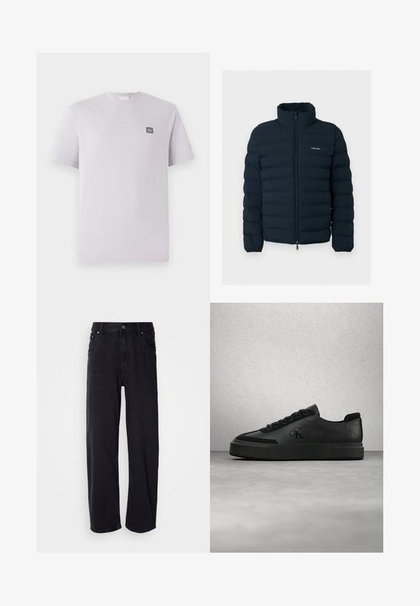 Sort polstret jakke med stående krave og lynlås foran, med et lille hvidt Calvin Klein-logo på brystet.; Lys lavendelfarvet kortærmet t-shirt lavet af bomuld med rund hals og et lille mørkt logo-patch på venstre bryst. Glat tekstur.; Sorte denimjeans med løs pasform, der har høj talje, fem lommer og metalknapper. Stoffet har en mat tekstur.; Sort lavtop sneakersko med snørebånd og præget logo, svævende over en poleret beton gulv nær en væg med glaspaneler.