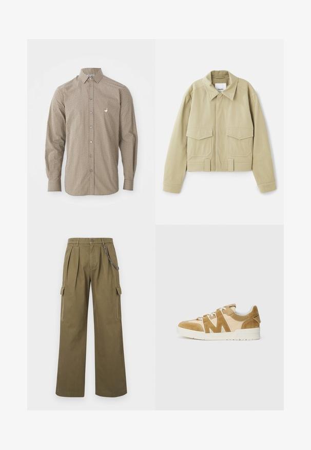 Nanushka RUBEN - Kevyt takki - pebble; Ruitjeshemd met lange mouwen in bruin en beige, met een button-down kraag, een zak en een klein geborduurd logo op de borst.; Oliveenvihreät, leveälahkeiset cargo-housut, joissa on laskokset, sivulla laskostetut taskut, napituki ja koristeellinen hopeaketju etuoikealla vyötäröllä.; Beige ja pruun tennised, mis sisaldavad segu nubukist ja võrgust, erilise 'M' lõikekujundusega, valgete paeltega ja tekstureeritud kummitald.