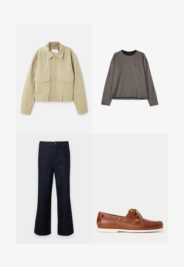 Nanushka RUBEN - Let jakke / Sommerjakker - pebble; Grå langærmet sweater med ribbet tekstur, brun rund halsudskæring og subtilt logo på brystet. Faldne skuldre og afslappet pasform.; Mørkeblå denim flared bukser med en knaplukning i taljen, fem lommer og et klassisk snit. Stoffet har en glat overflade.; Brun læder bådsko med hvid sål, snørebånd bundet foroven og metal-øjer langs siderne og i forreste syning.
