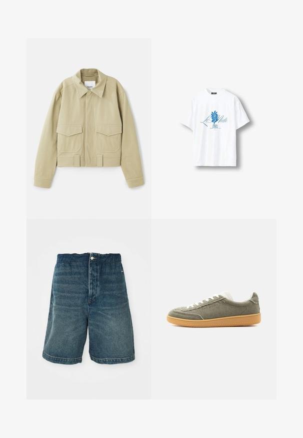 Nanushka RUBEN - Let jakke / Sommerjakker - pebble; Hvid T-shirt med korte ærmer med blåt botanisk motiv og teksten "Le Midi Hôtel du Rivage Saint-Jean-de-Luz" centreret foran.; Mørkeblå denim shorts med løs pasform, der har en knaplukning og synlig syning langs kanten og lommerne.; Lavskoet casual sneaker med olivengrønt stofoverdel, hvide snørebånd, polstret krave og gummisål, vist på en ensfarvet baggrund.