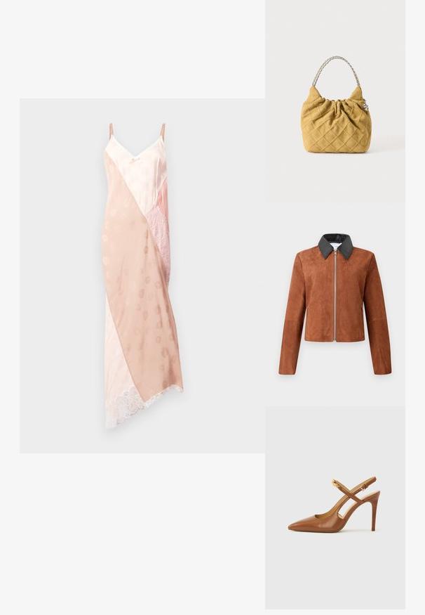 Bruin suède cropped jack met een zwart leren puntkraag, een rits aan de voorkant en lange mouwen. Soepele textuur met minimale ontwerpdetails.; Roze kwarts slipdress met verstelbare bandjes, voorzien van een mix van gladde satijn- en kanttexturen, een diagonaal kleurblokontwerp en kantafwerking.; Bruine leren slingback pumps met hoge hak en spitse neus, voorzien van gekruiste bandjes en een gestructureerde houten hak. Gouden accent op het bandje.; Zachte mosterdgele doorgestikte handtas met zilveren kettinghandvat en geplooide bovenkant op een effen lichte achtergrond.