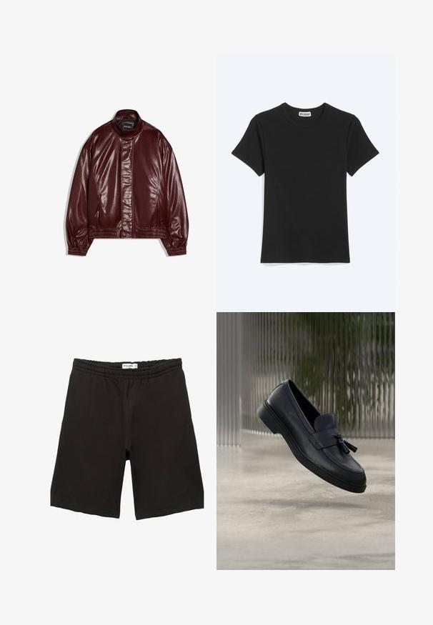 Veste en similicuir bordeaux avec col montant, fermeture éclair à l'avant couverte par un rabat, poignets et ourlet élastiques, étiquetée "Bershka".; T-shirt noir uni à manches courtes et col rond avec une étiquette de la marque Weekday à l’intérieur du col, présenté sur fond blanc.; Shorts décontractés noirs à taille élastique avec un design simple et une petite étiquette de marque blanche au centre du dos de la ceinture.; Mocassins en cuir noir avec une texture lisse, un bout arrondi et des pampilles décoratives à l'avant. Semelle en caoutchouc flexible avec un petit talon.