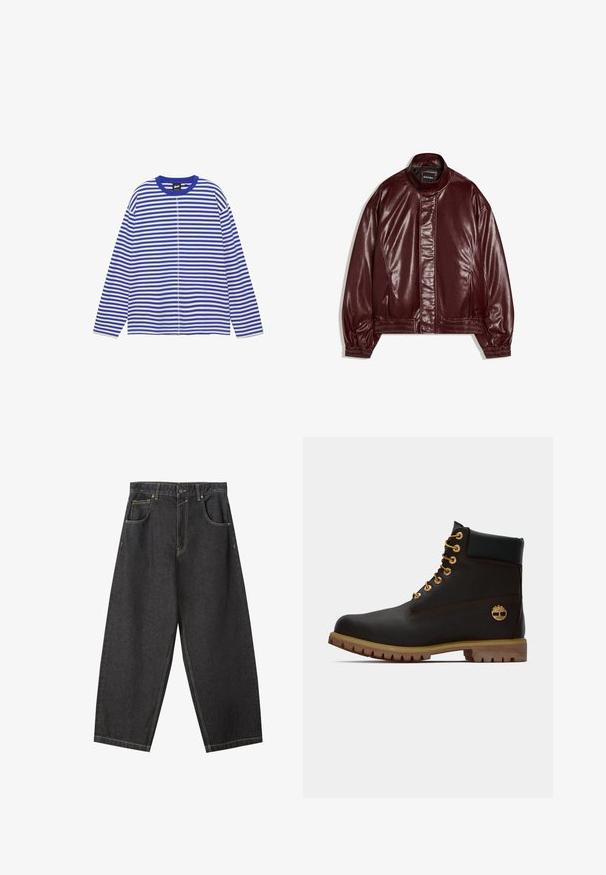 Veste en similicuir bordeaux avec col montant, fermeture éclair à l'avant couverte par un rabat, poignets et ourlet élastiques, étiquetée "Bershka".; Chemise à manches longues rayée bleu et blanc horizontalement, avec un col rond et une couture centrale visible sur le devant.; Pantalons wide-leg en denim noir avec des coutures jaunes, un design à cinq poches et une taille mi-haute. Tissu texturé avec une finition lisse.; Bottine noire en cuir avec œillets dorés, accents marron et semelle en caoutchouc. Comprend un col rembourré et un logo estampé sur le côté.
