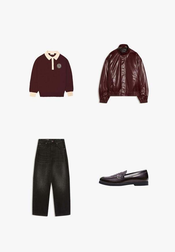 Bordeauxkleurig kunstleren jack met opstaande kraag, rits aan de voorkant bedekt door een klep, elastische manchetten en zoom, met label "Bershka".; Bordeaux lange mouwen polo shirt met een crèmekleurige kraag en manchet, knoopsluiting en een cirkelvormig "Prohibited Berlin" logo op de linkerkant van de borst.; Zwarte wijde denim jeans met hoge taille, model met vijf zakken, knoopsluiting aan de voorkant en nette stikdetails.; Donkerbruine leren loafer met een lage hak, gestikte details op de neus en een decoratieve band over het bovenwerk.