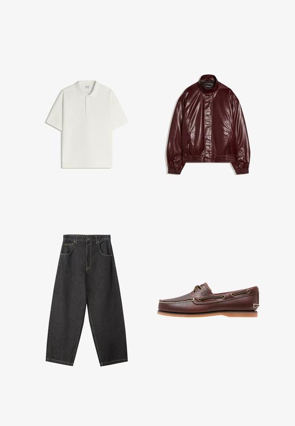 Veste en similicuir bordeaux avec col montant, fermeture éclair à l'avant couverte par un rabat, poignets et ourlet élastiques, étiquetée "Bershka".; Polo blanc à manches courtes avec patte à deux boutons et col classique, posé à plat sur fond blanc.; Pantalons wide-leg en denim noir avec des coutures jaunes, un design à cinq poches et une taille mi-haute. Tissu texturé avec une finition lisse.; Chaussure bateau en cuir marron avec coutures blanches, détails de lacets et semelle en caoutchouc beige, vue de côté sur fond blanc.