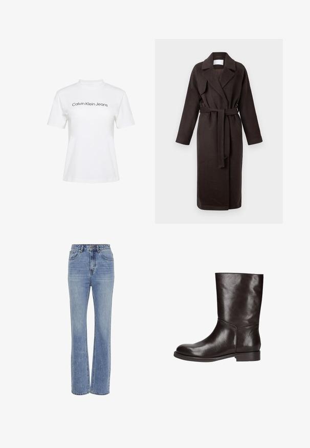 Mørkebrun lang frakke med bælte, lavet af blødt stof. Har en notched krave og to sidelommer, med en løs og afslappet pasform.; Hvid bomulds-T-shirt med rund hals og korte ærmer, med teksten "Calvin Klein Jeans" i sort tryk på tværs af brystet.; Lysblå denimjeans med høj talje, lige ben-design, fem lommer, synlige syninger og en let falmet tekstur.; Mørkebrune lædermellemlange støvler med rund tå, lav stablet hæl og glat finish, vist fra ydersiden på hvid baggrund.