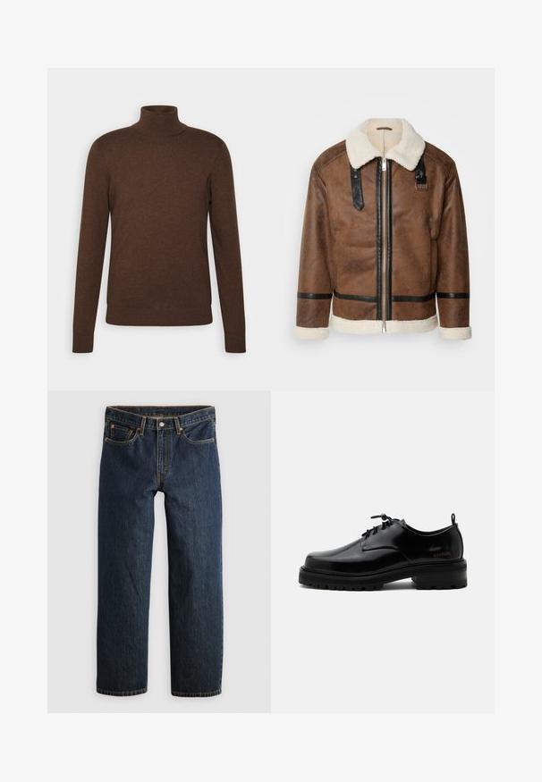 Veste en cuir marron avec des accents noirs et un col en shearling. Présente une fermeture à glissière à l'avant et des détails de sangle aux épaules. Fini texturé.; Pull à col roulé marron en matériau doux, avec des manches longues, un design ajusté et des accents en bord côtelé au col et à l'ourlet.; Jean en denim bleu foncé avec une coupe droite. Comprend cinq poches, des surpiqûres contrastantes et une fermeture à bouton à la taille.; Chaussure en cuir noir poli à lacets, semelle en caoutchouc épaisse et talon bas, texte de marque "SAMSOE" sur le côté et languette arrière.