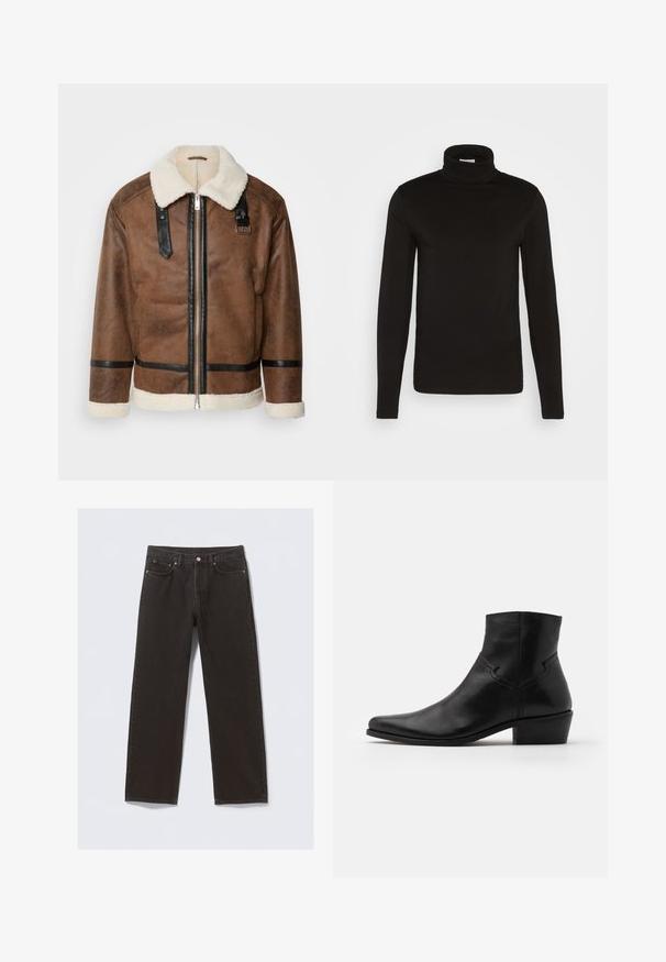 Brun læderjakke med sorte akcenter og en shearlingkrave. Har en frontlynlås og skulderremdetaljer. Tekstureret overflade.; Sort turtleneck langærmet skjorte lavet af et glat stof med en tætsiddende design og en høj, tætsiddende krave. Ingen mønstre eller accenter synlige.; Svarte denimjeans med straight-leg design, fem lommer og kobberfarvet syning. Glat tekstur, klassisk knaplukning i taljen.; Sort læder ankelstøvle med spids tå, minimale syninger, en mellem-høj blokhælt og en glat, poleret finish.