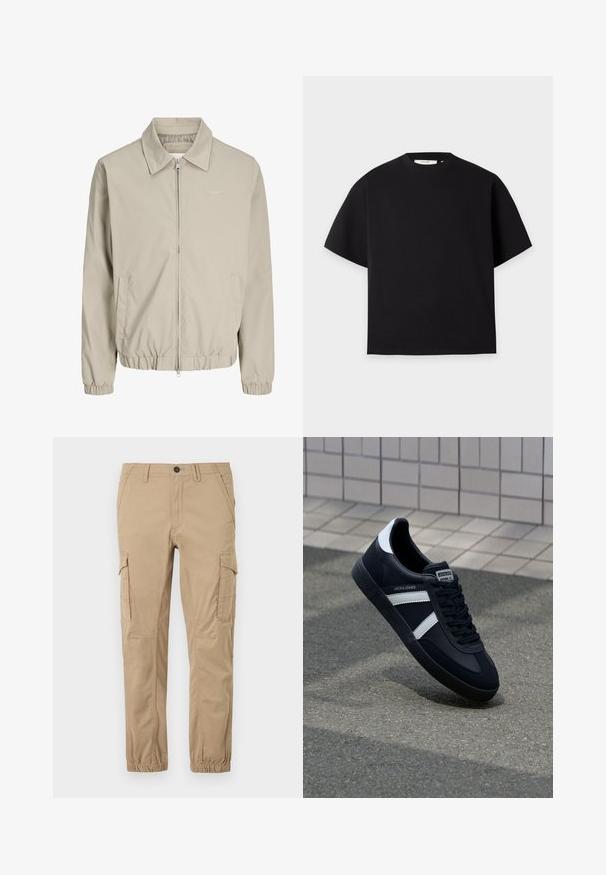 Veste zippée beige pour homme avec col, poignets et ourlet élastiques, poches latérales, et logo brodé subtil "Originals" sur la poitrine.; T-shirt noir uni à manches courtes avec col rond et coupe décontractée, présenté sur un fond gris clair.; Pantalon cargo beige avec poignets élastiques, poches à rabat sur les cuisses, poches latérales, et une fermeture à bouton à la taille.; Sneaker en cuir noir avec des rayures blanches, semelle en caoutchouc texturée et devant à lacets. Présente une étiquette de marque sur la languette.