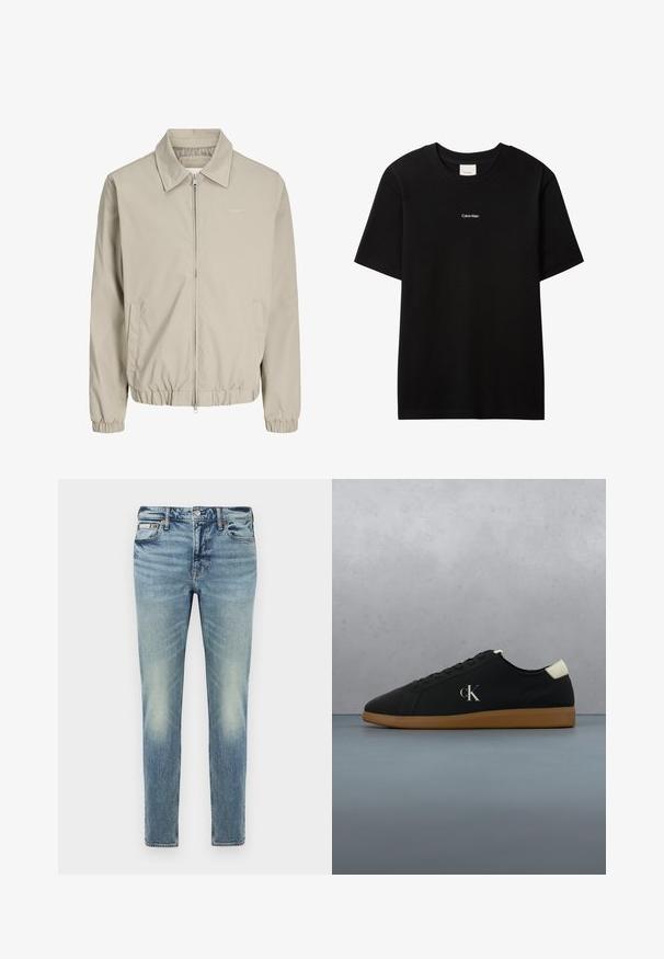 Beige herenjack met rits en kraag, elastische manchetten en zoom, zijzakken en een subtiel geborduurd "Originals"-logo op de borst.; Zwart katoenen T-shirt met een ronde hals en korte mouwen. Voorzien van een klein wit "Calvin Klein" logo op de voorkant. Glad oppervlak, klassieke pasvorm.; Verbleekte lichtblauwe spijkerbroek met een rechte pasvorm, vijfzakkenontwerp, knoopsluiting en subtiele wassingdetails op de pijpen.; Zwarte canvas sneaker met een gumrubberen zool, voorzien van een zilveren "cK" logo aan de zijkant en een witte accent bij de hiel. Laag model.