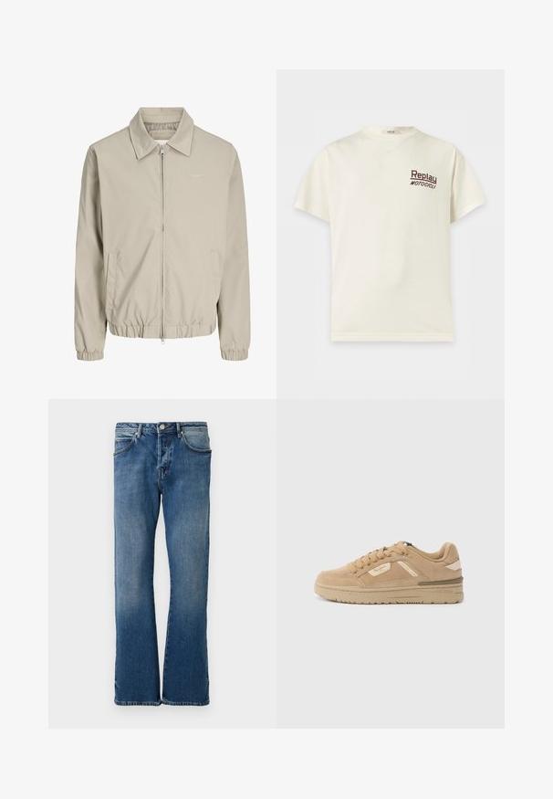 Beige Herrenjacke mit Reißverschluss, Kragen, elastischen Bündchen und Saum, Seitentaschen sowie dezent gesticktem "Originals"-Logo auf der Brust.; Cremefarbenes T-Shirt mit kurzen Ärmeln und Rundhalsausschnitt mit "Replay Motocicli" in kleinen dunklen Buchstaben auf der linken Brust.; Helle blaue Jeans aus Denim mit geradem Bein, ausgestattet mit fünf Taschen, einem Knopfverschluss und subtilen Ausbleichungen auf dem Stoff.; Tanfarbener Wildleder-Sneaker mit rundem Zehenbereich, Schnürung vorne und gepolstertem Schaft. Verfügt über eine strukturierte Zwischensohle und dezente Branding-Akzente an der Seite.