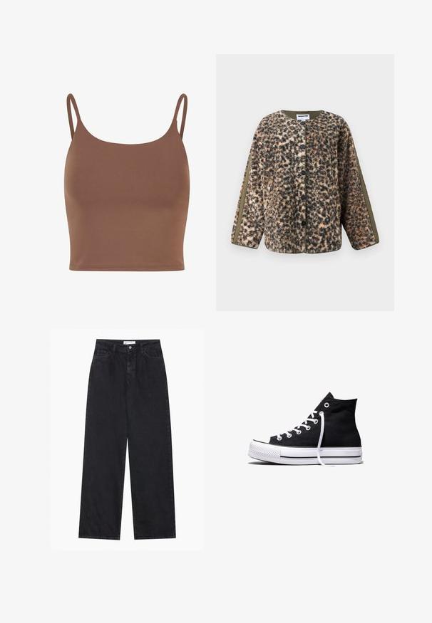 Chaqueta de forro polar para mujer con botones en estampado de leopardo marrón, negro y beige, y paneles en verde oliva a lo largo de las mangas y el collar interior.; Top corto marrón hecho de una tela suave con tirantes delgados y ajustables. Presenta un escote redondeado y una silueta ajustada.; Jeans de mezclilla negros de talle alto y pierna ancha con cierre frontal de botón y cremallera, pasadores para el cinturón y estilo de cinco bolsillos.; Zapatilla alta de lona negra con suela de goma blanca y cordones blancos, vista de lado sobre un fondo blanco.