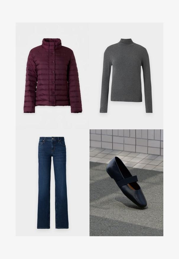 Mørklilla polstret jakke med høj krave og frontknaplukning, vist på en ensfarvet lys baggrund.; Grå turtleneck langærmet top lavet af ribbet strikket stof med en tætsiddende design og høj krave. Glat tekstur, minimalistisk stil.; Mørkeblå buksestil i denim. Har en syet talje, fem lommer og en lynlås-fly med en metal knaplukning.; Sort læder flad sko med rund tå, der har en blød sort elastisk strop over vristen. Glat tekstur og minimalistisk design.